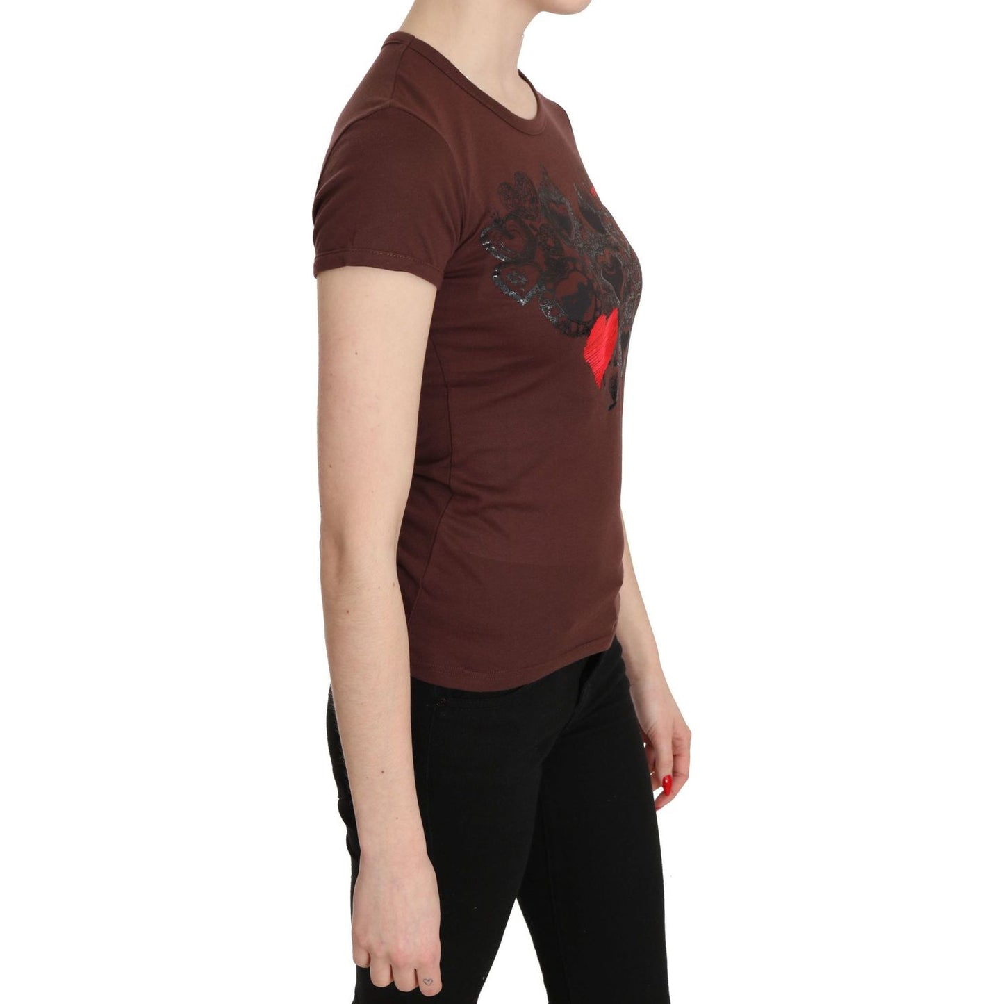 Exte Brown Hearts Printed Round Neck T-shirt Top