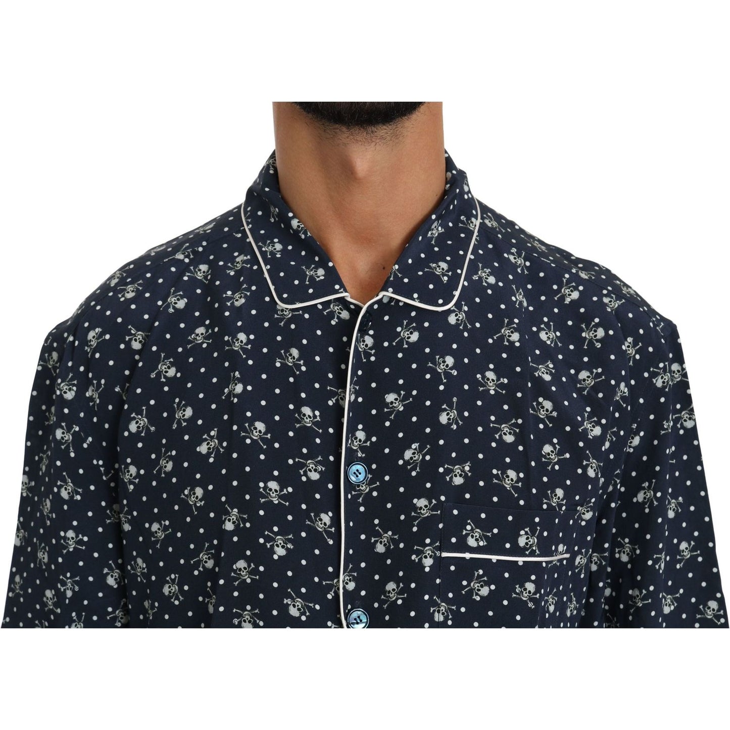 Dolce & Gabbana Blue Skull Print Silk Top Sleepwear Shirt TSH4014-41