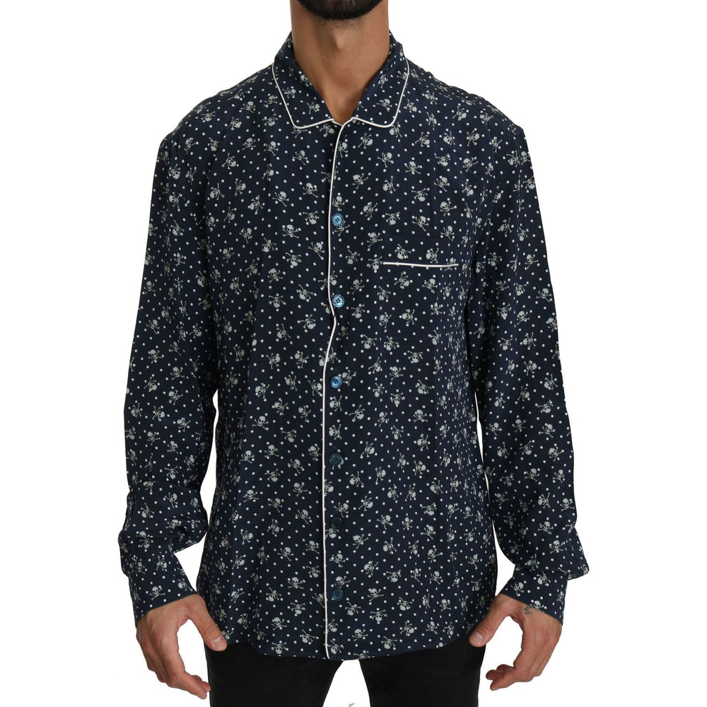 Dolce & Gabbana Blue Skull Print Silk Top Sleepwear Shirt TSH4014-41
