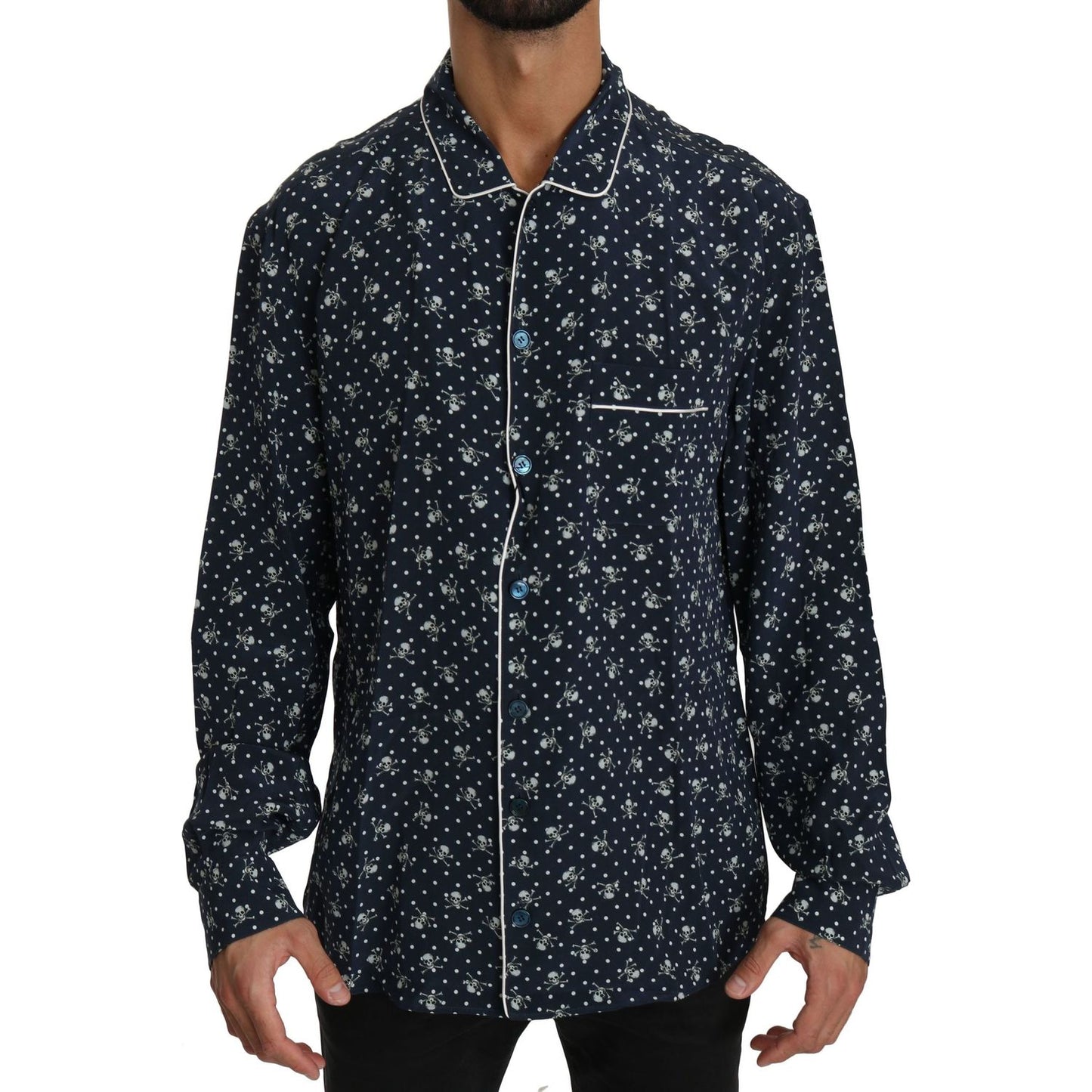 Dolce & Gabbana Blue Skull Print Silk Top Sleepwear Shirt TSH4014-41