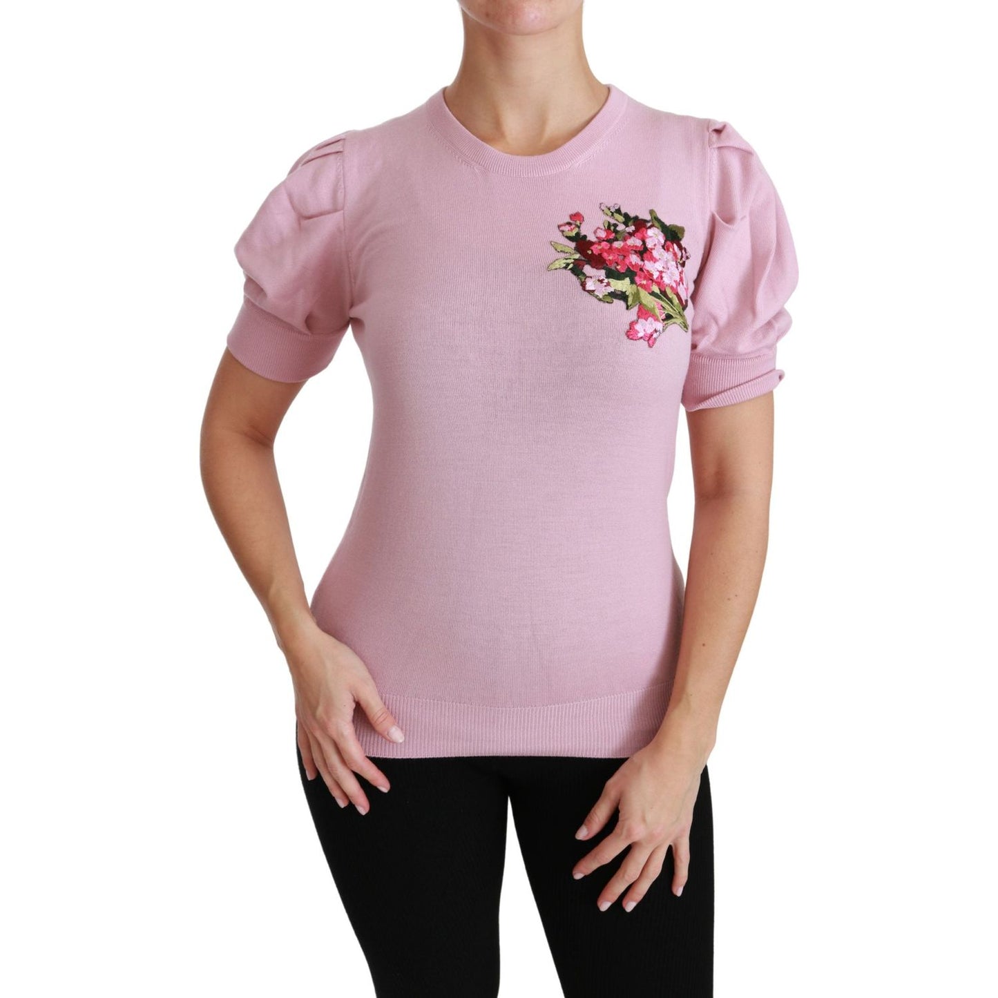 Dolce & Gabbana Pink Floral Embroidered Blouse Wool Top