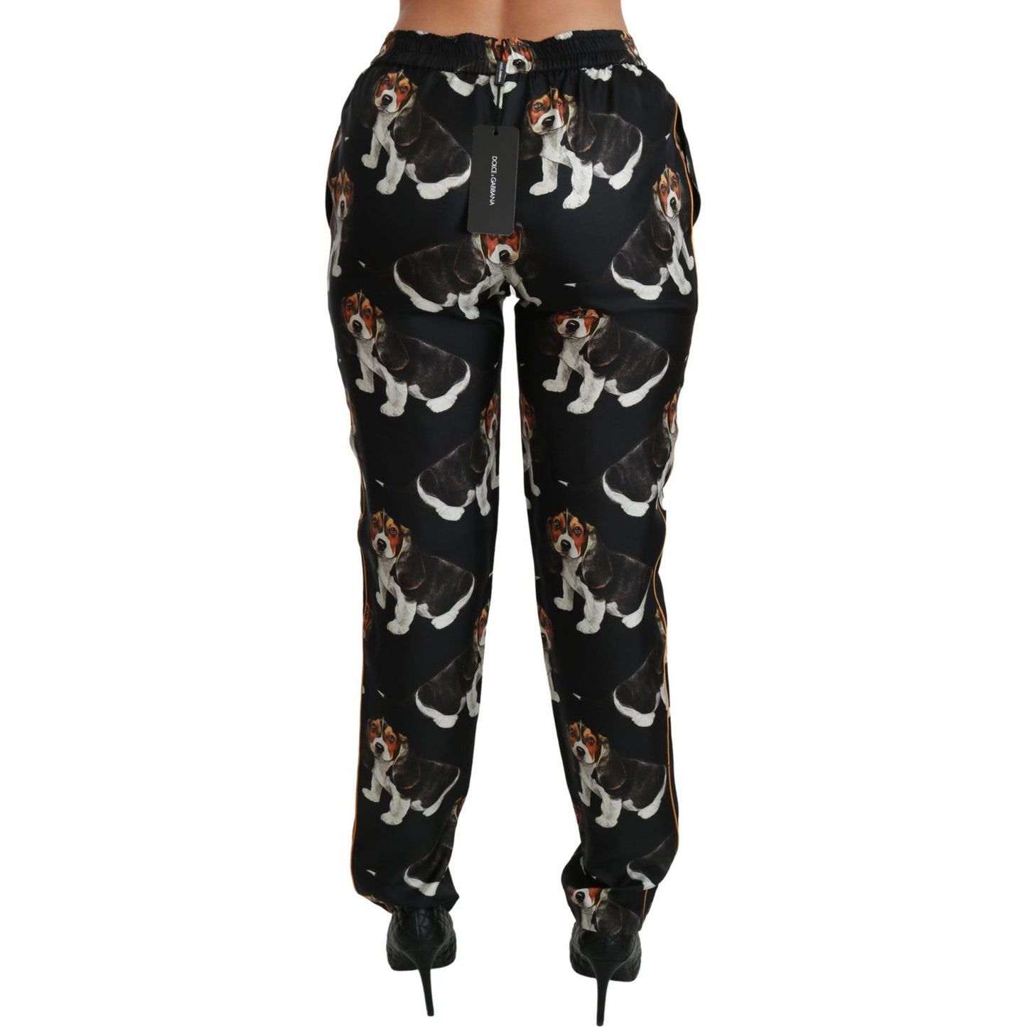 Dolce & Gabbana Black Puppy Dog Mid Waist Skinny Silk Pants