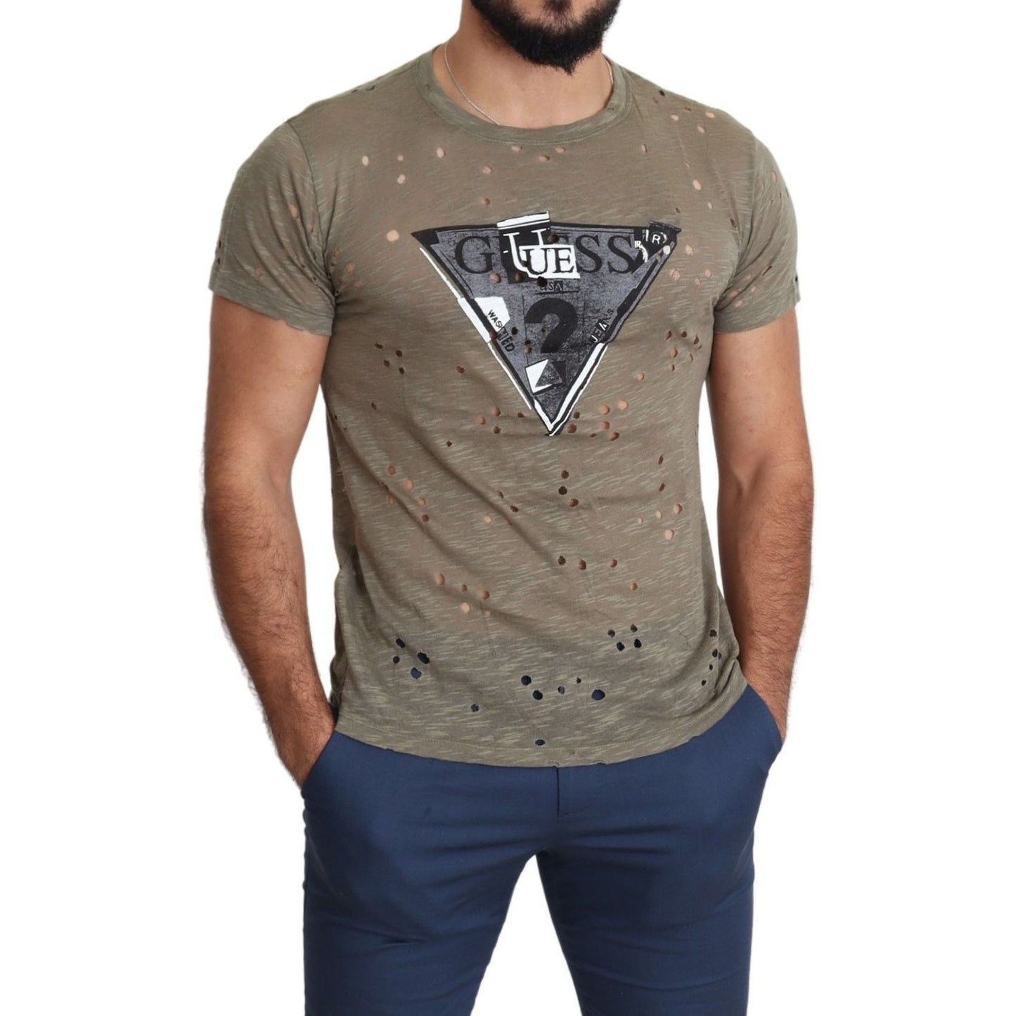 Guess Brown Cotton Stretch Logo Print Men Casual Perforated T-shirt TSH5079-M