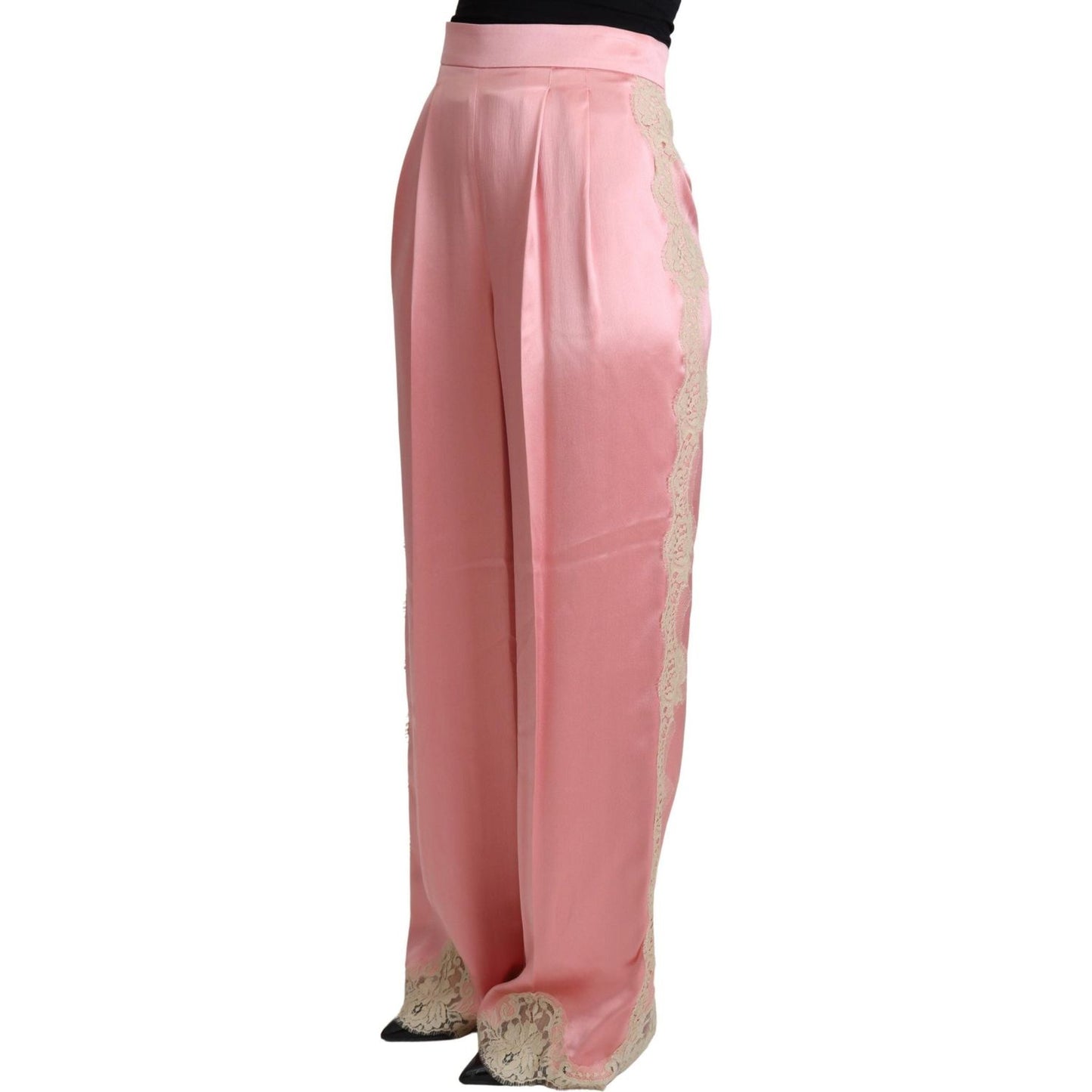 Dolce & Gabbana Pink Lace Trimmed Silk Satin Wide Legs Pants PAN71871-38