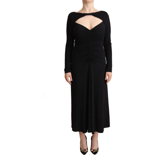 PINKO Black Nylon Stretch Long Sleeves Deep V-neck Maxi Dress WOMAN DRESSES