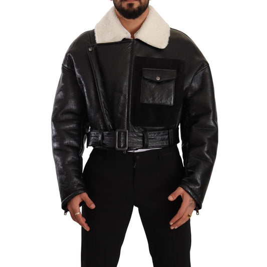 Dolce & Gabbana Black Leather Shearling Biker Coat Jacket