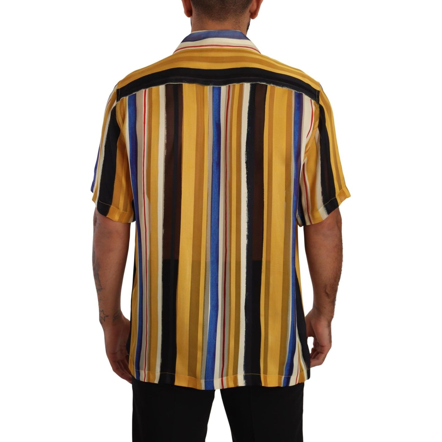 Dolce & Gabbana Yellow Striped Short Sleeve Silk Shirt TSH7539- 40
