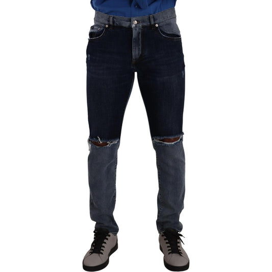 Dolce & Gabbana Blue Two Tone Tattered Cotton Slim Denim Jeans