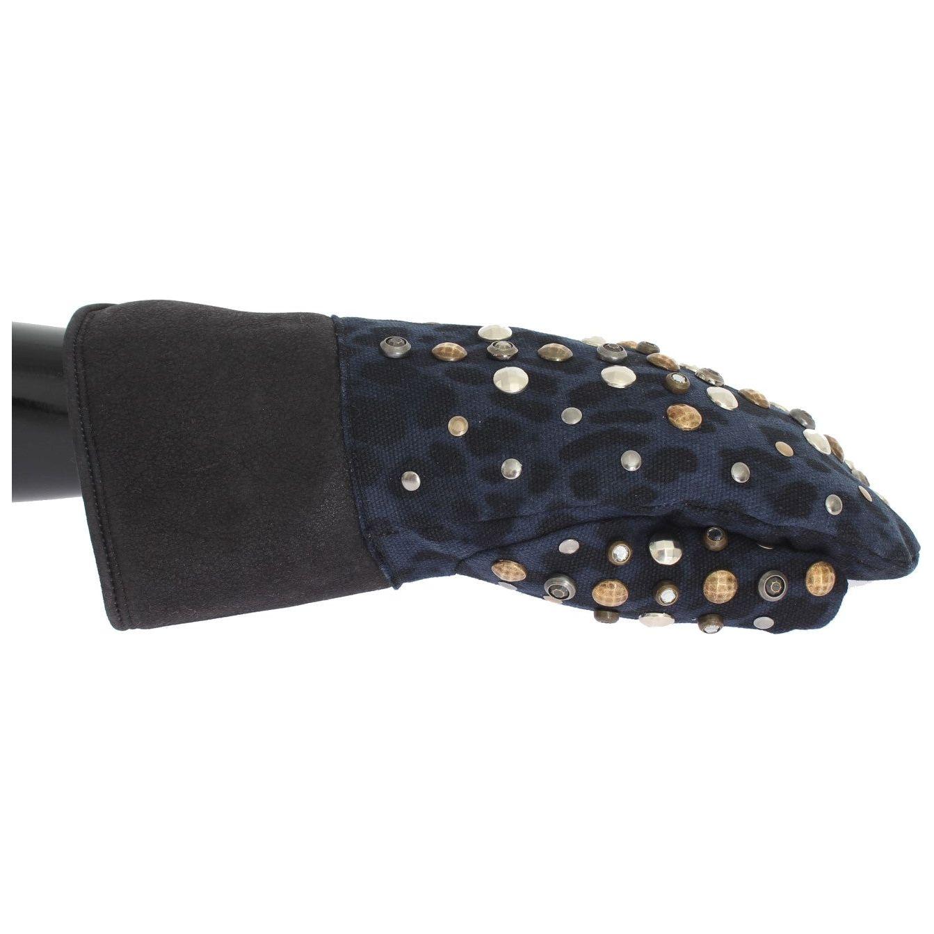 Dolce & Gabbana Gray Wool Shearling Studded Blue Leopard Gloves LB132-1