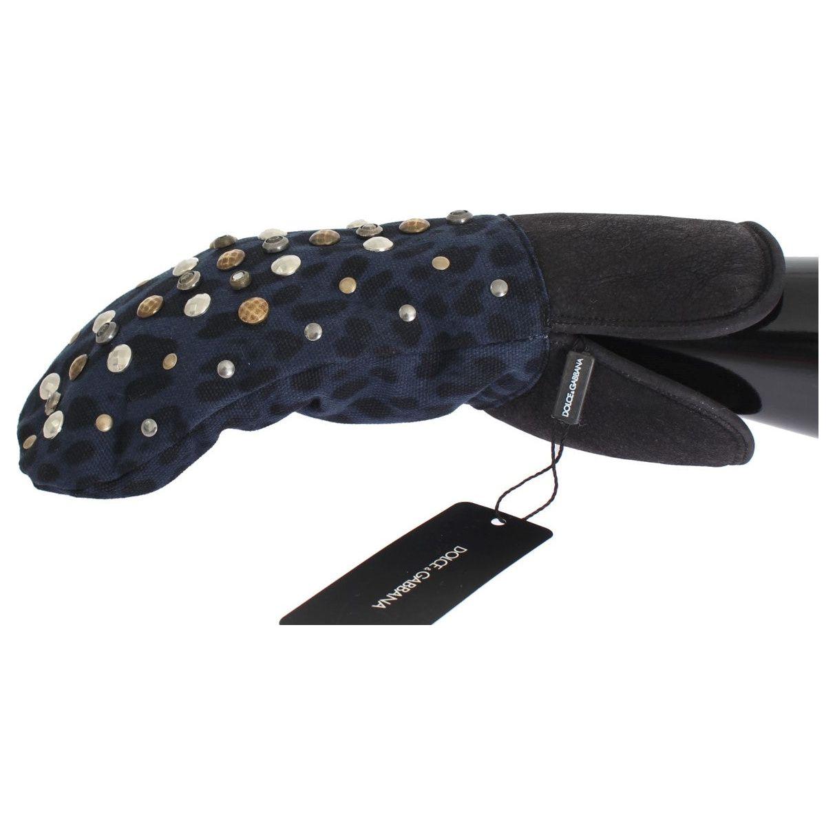 Dolce & Gabbana Gray Wool Shearling Studded Blue Leopard Gloves LB132-1