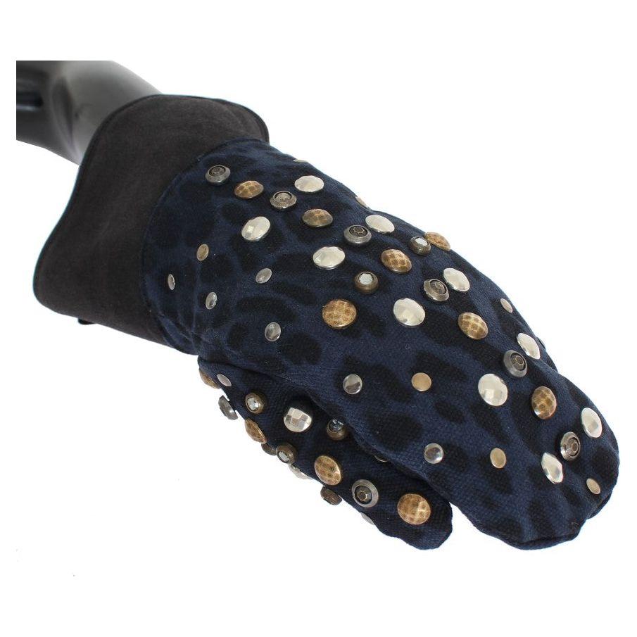 Dolce & Gabbana Gray Wool Shearling Studded Blue Leopard Gloves LB132-1