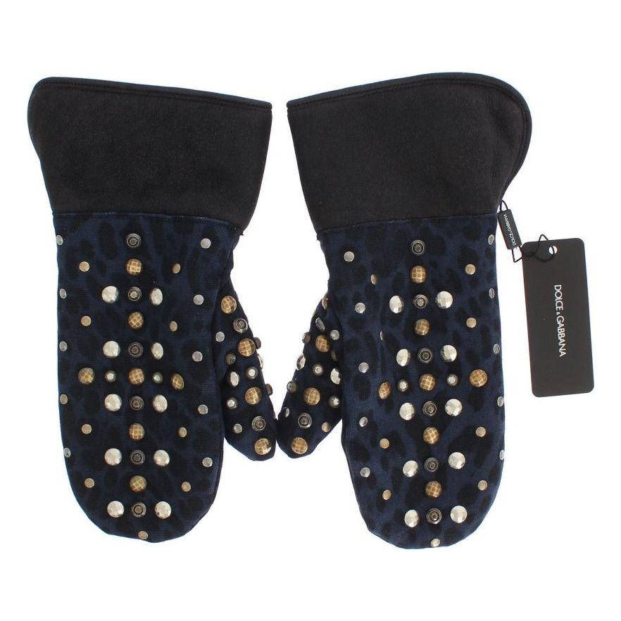 Dolce & Gabbana Gray Wool Shearling Studded Blue Leopard Gloves LB132-1