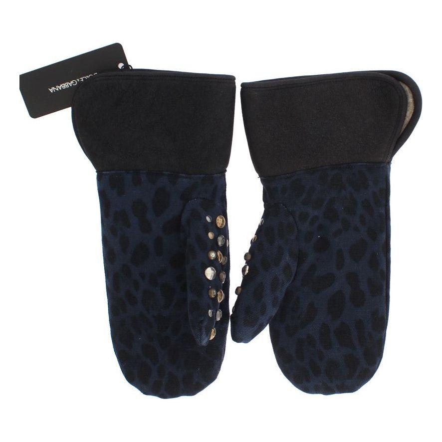 Dolce & Gabbana Gray Wool Shearling Studded Blue Leopard Gloves LB132-1