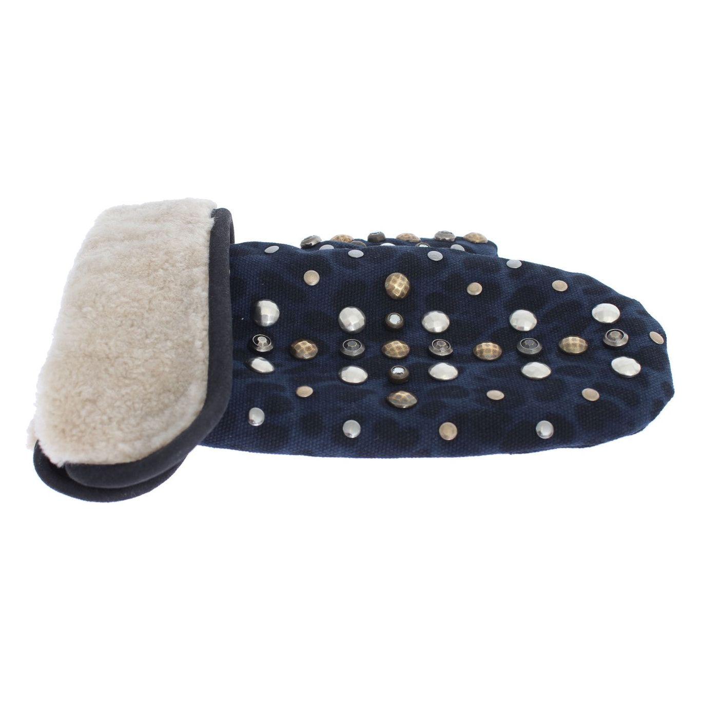 Dolce & Gabbana Gray Wool Shearling Studded Blue Leopard Gloves LB132-1