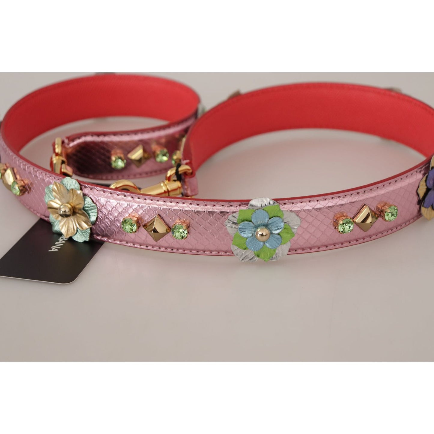 Dolce & Gabbana Metallic Pink Leather Studded Shoulder Strap BEL8744