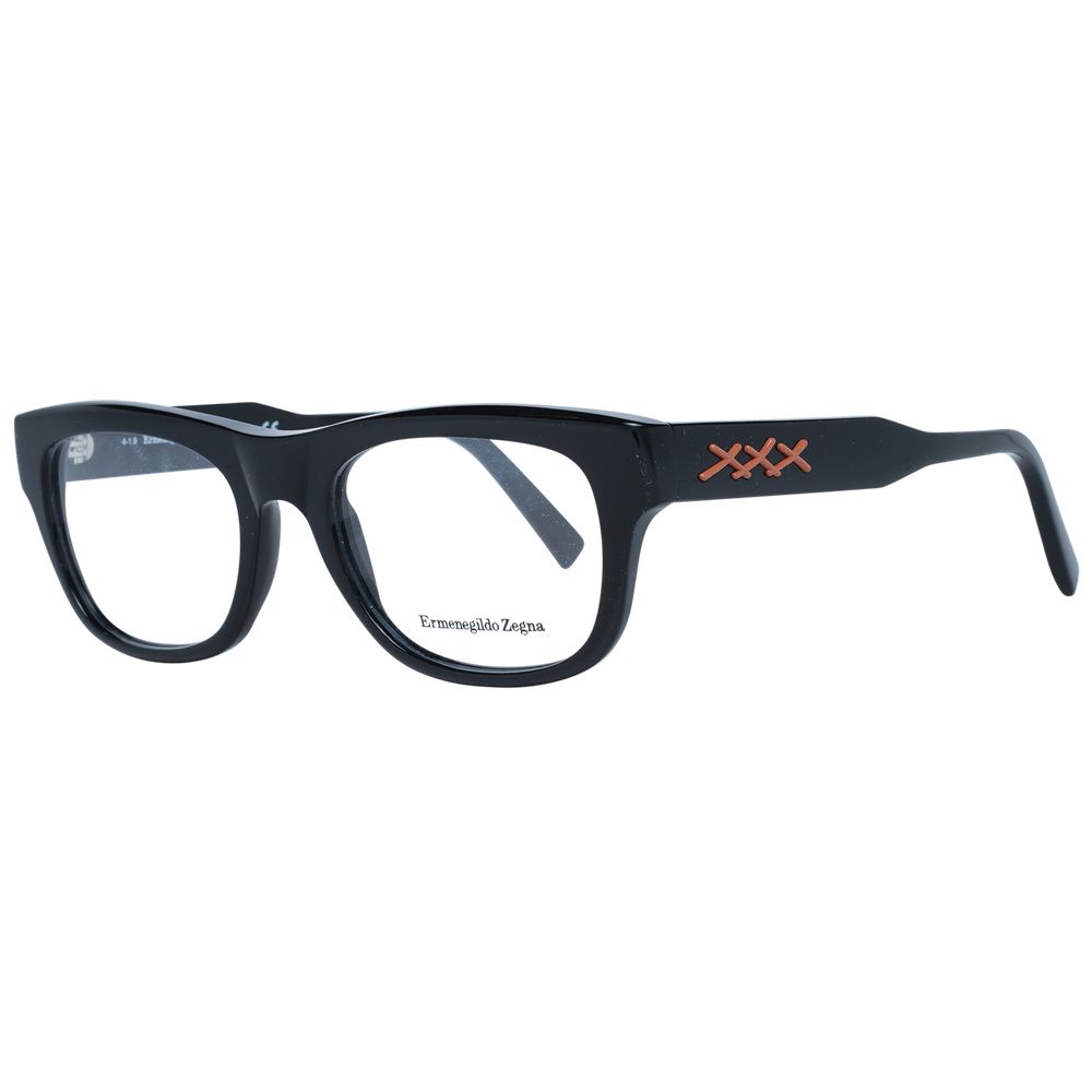 Ermenegildo Zegna Black Men Glasses Frame in black plastic, rectangle full-rim style with brown lenses, including branded case.