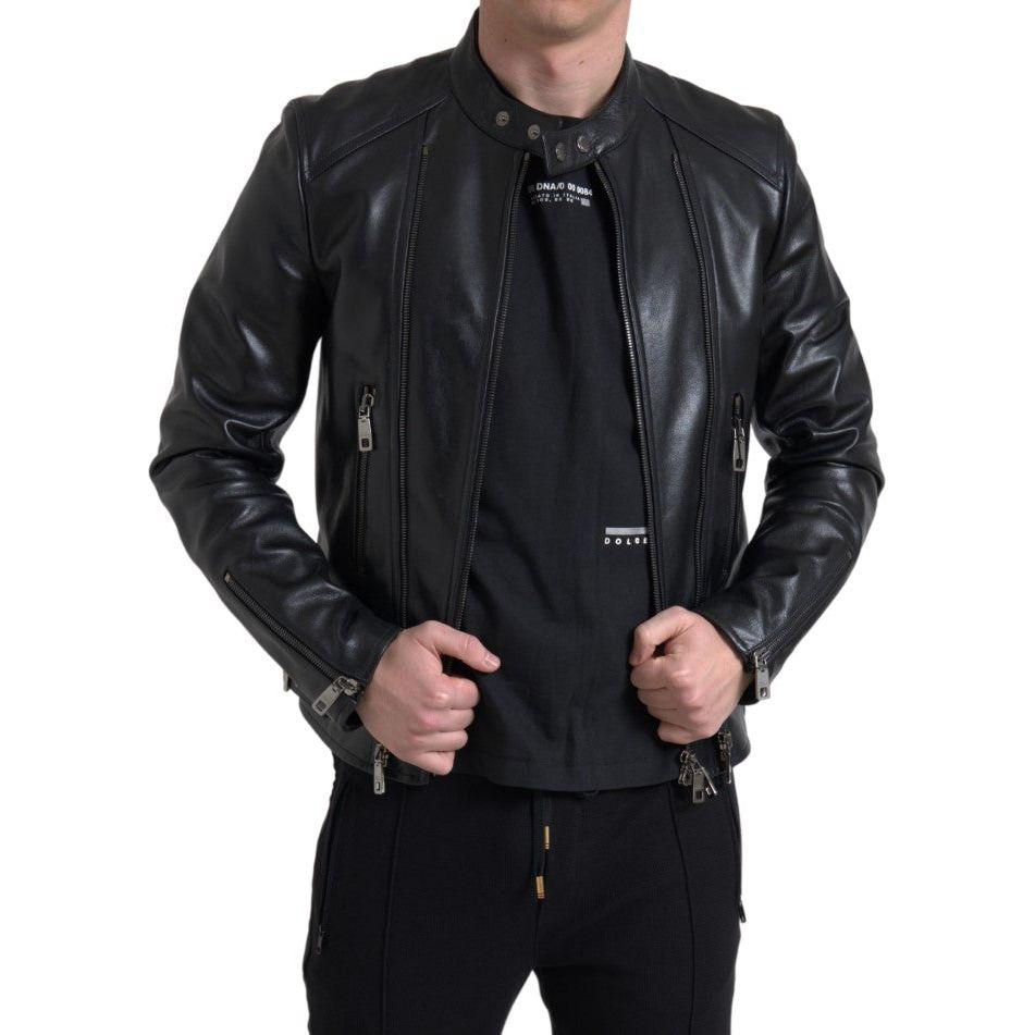 Dolce & Gabbana Black Leather Zipper Coat Men Jacket JKT3653-48
