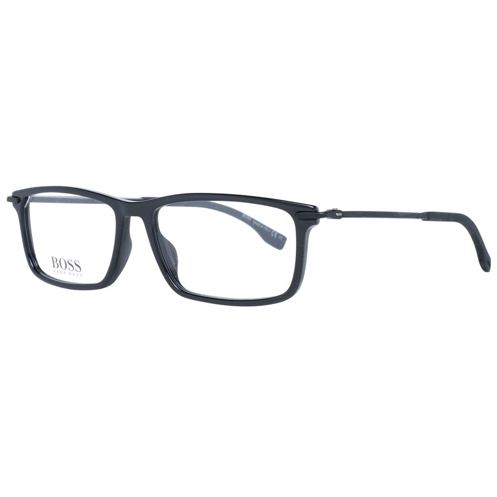 Hugo Boss Black Men Glasses Frame, full-rim style, black plastic, rectangle shape, includes branded case, lens size 55-11-145.