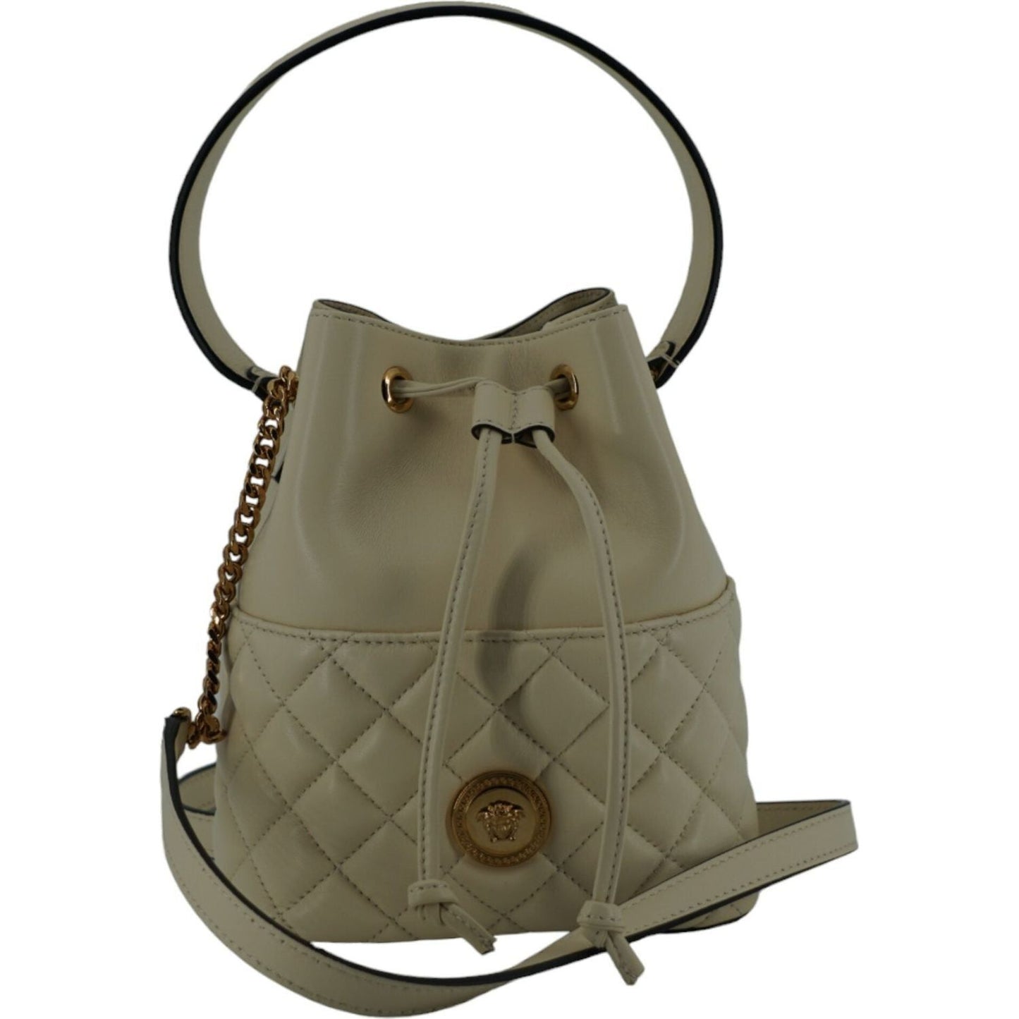 Versace Elegant Small White Leather Bucket Shoulder Bag 8056204983269