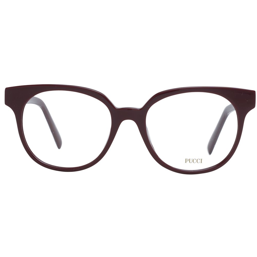 Emilio Pucci Burgundy Women Glasses Frame, full-rim plastic, round style with demo lenses, size 50-17-140, includes branded case.