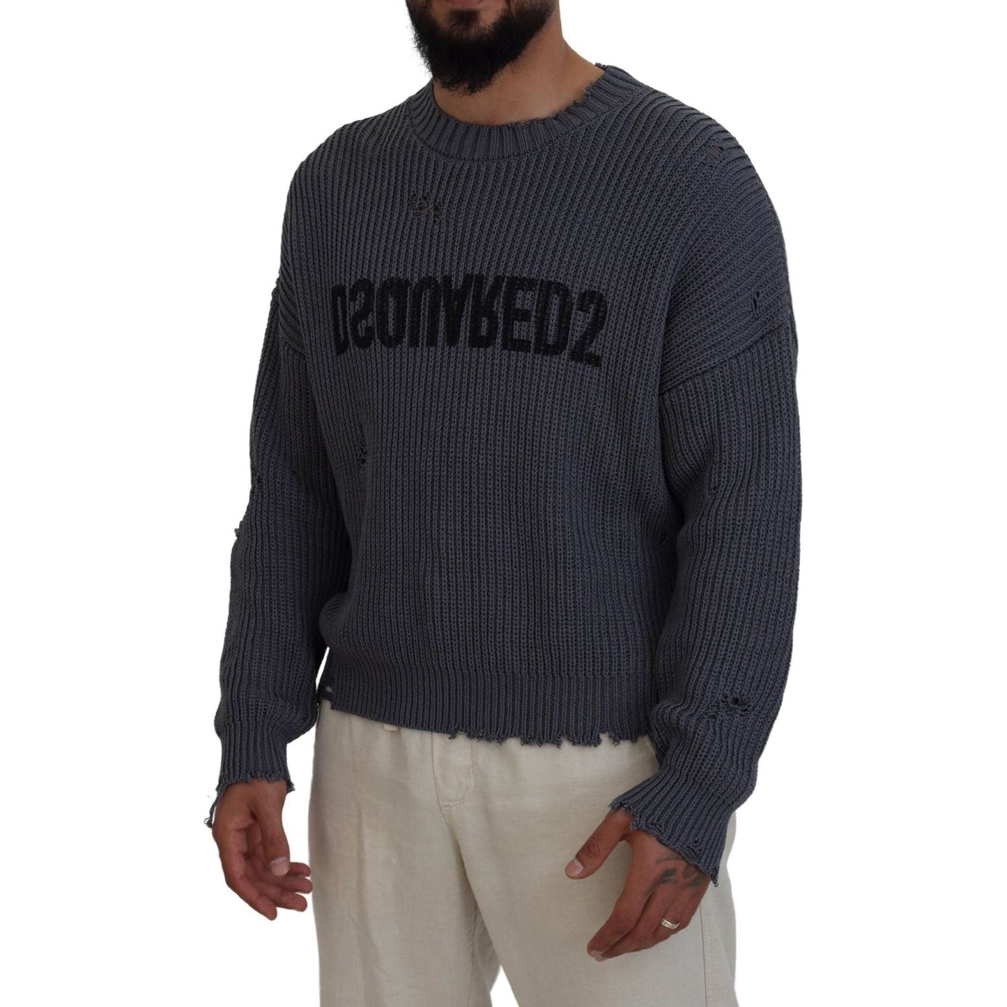 Dsquared² Gray Men Tattered Knitted Pullover Sweater TSH83547-48