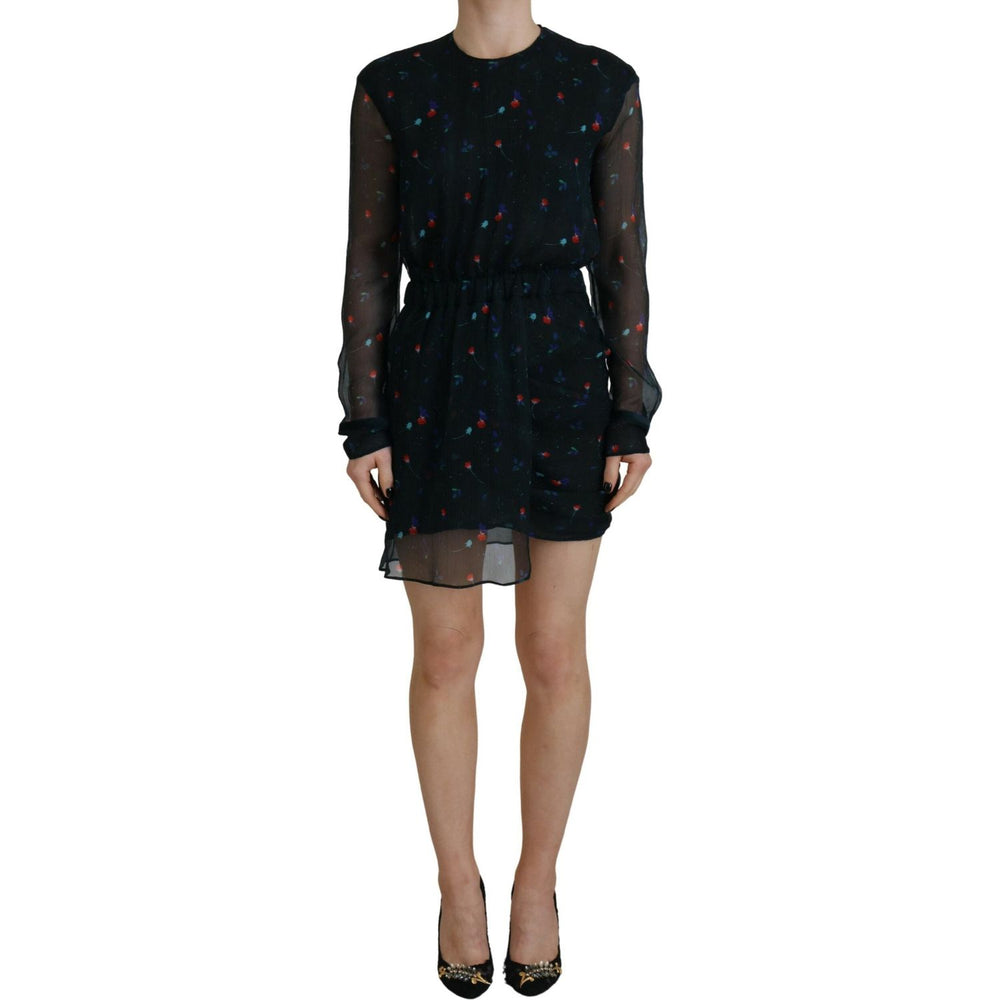 Dsquared² Black Floral Silk Long Sleeves Sheath Mini Dress DR28825-38