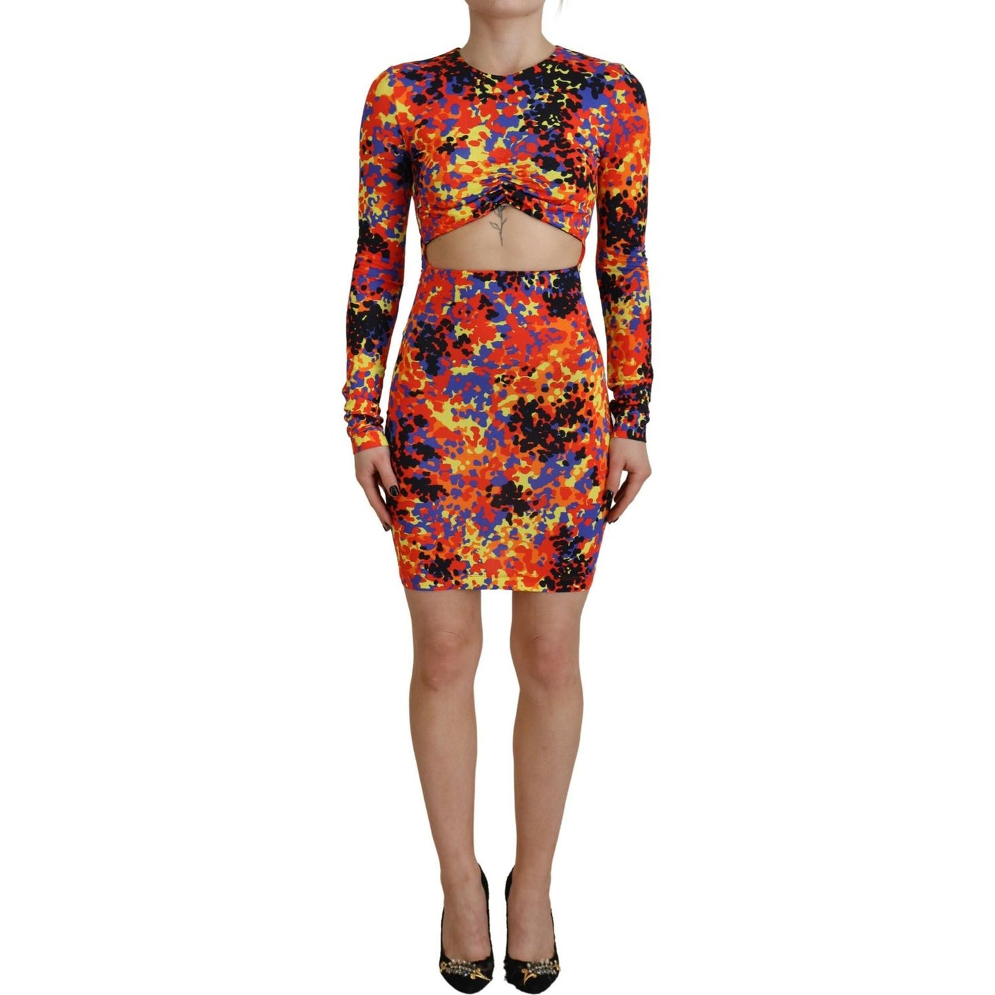 Dsquared² Multicolor Batik Open Belly Long Sleeves Dress DR28842-38