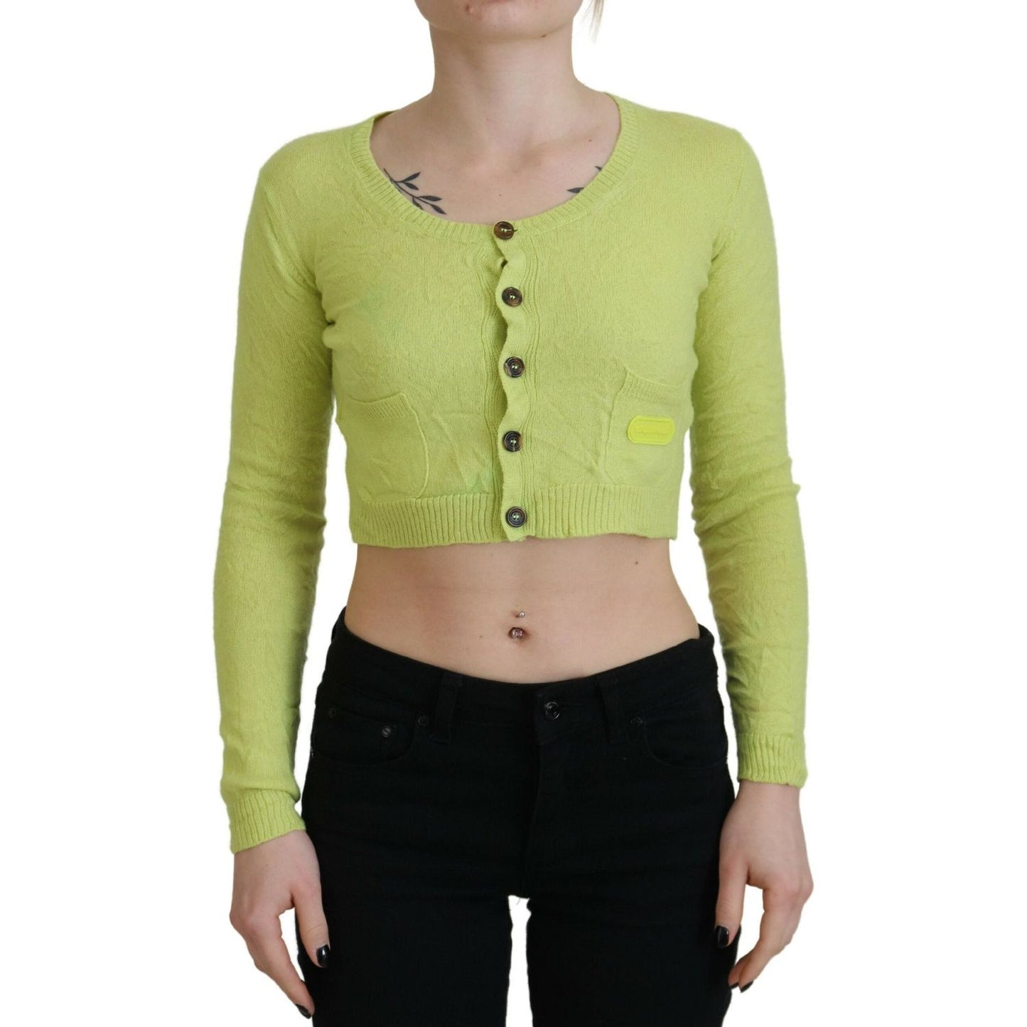 Dsquared² Yellow Green Cashmere Long Sleeves Cropped Sweater TSH83421-38