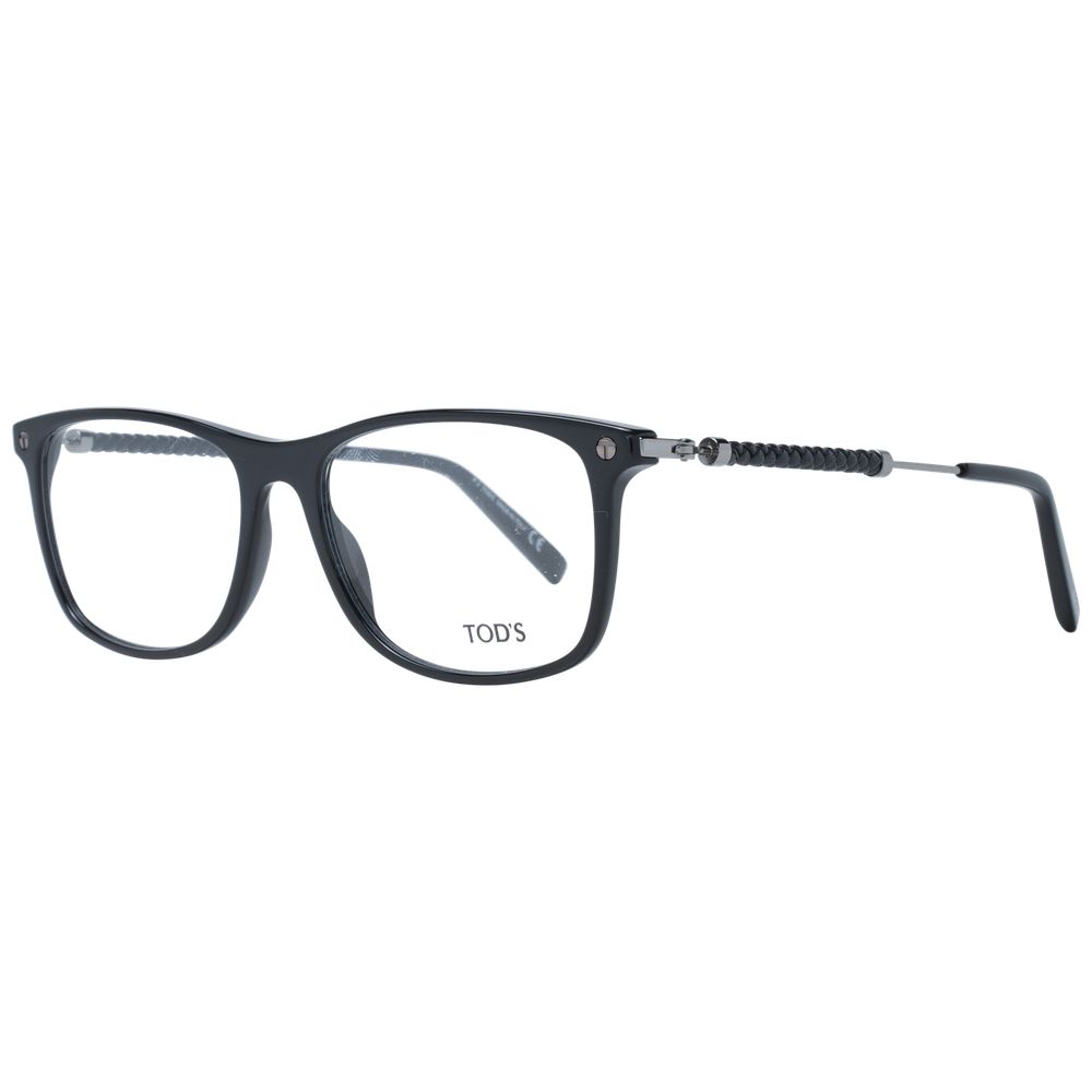 Tod's Black Men Glasses Frame, full-rim plastic rectangle with black color, size 56-17-145, includes branded case for men.