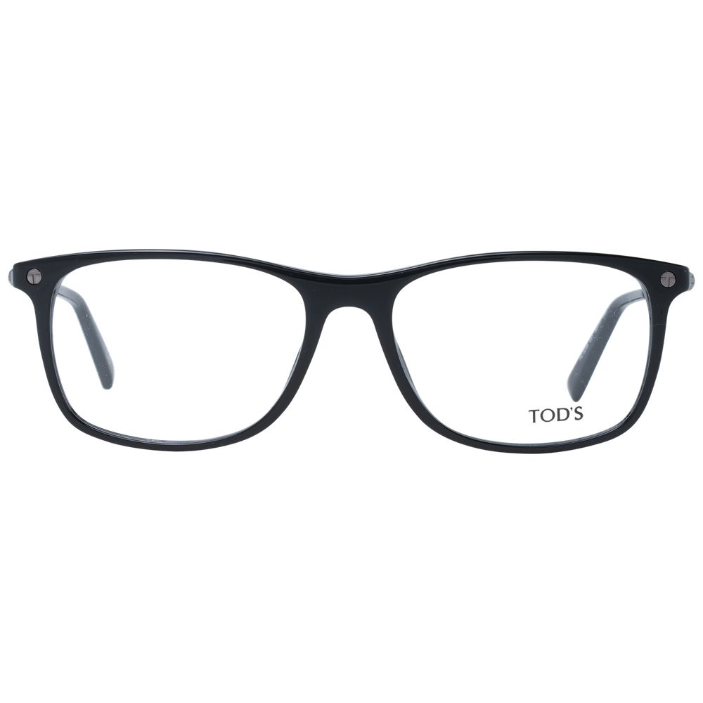 Tod's Black Men Glasses Frame, black plastic full-rim rectangle style with demo lenses, includes branded case, size 56-17-145.