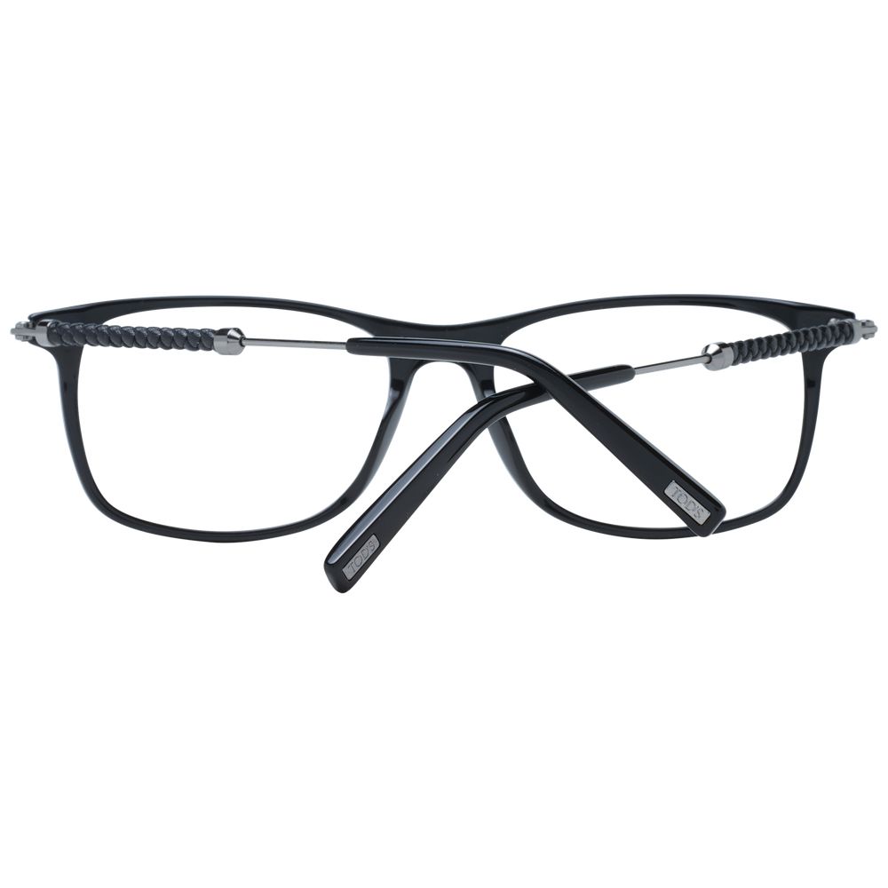 Tod's Black Men Glasses Frame, full-rim rectangle style, black plastic material, demo lenses, size 56-17-145, includes branded case.