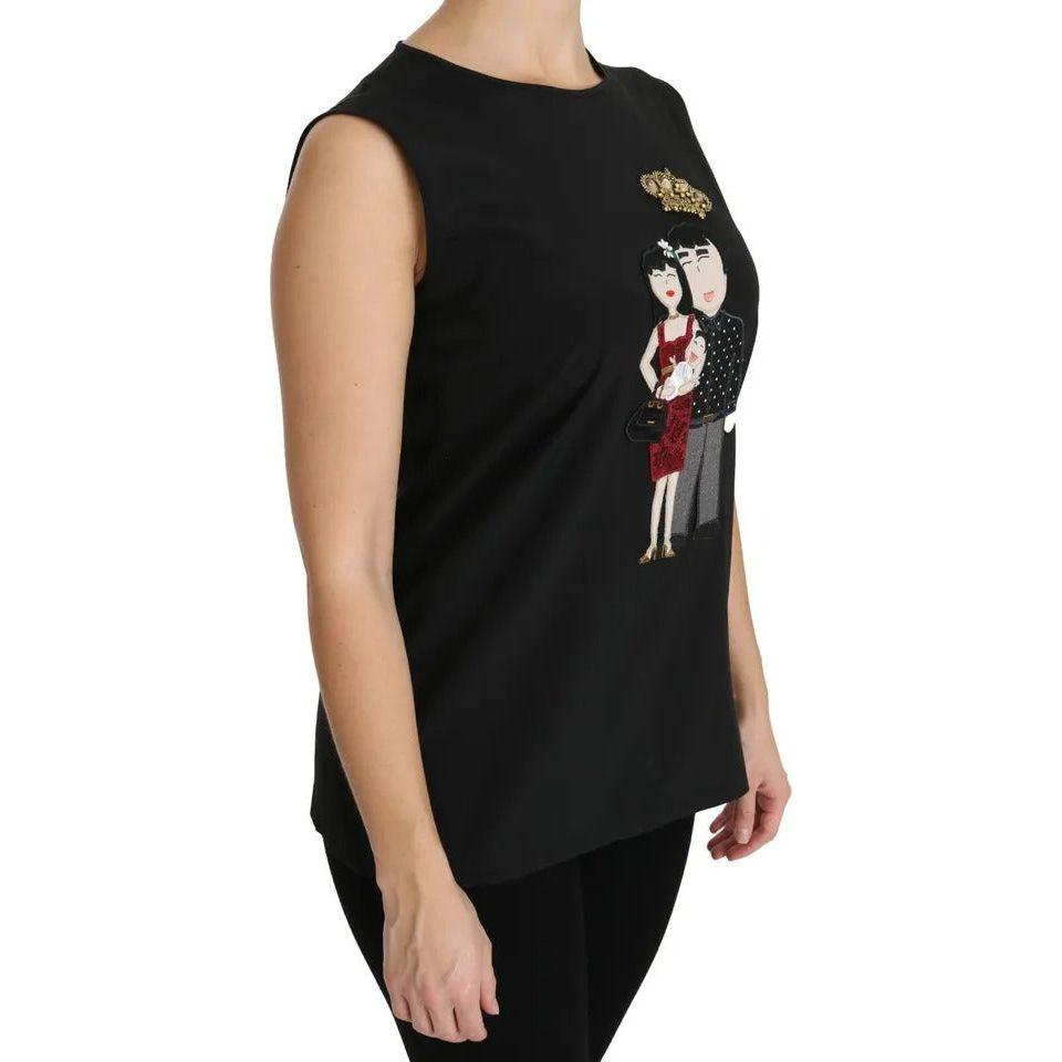Dolce & Gabbana Black Silk DG Family Crystal Sleeveless Top TSH4291-40