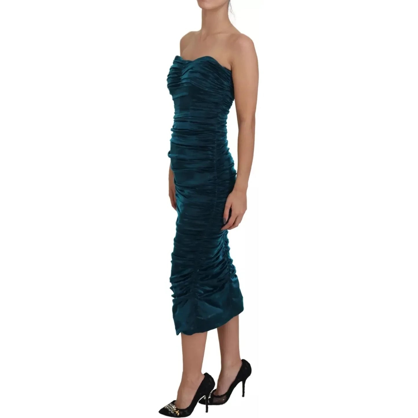 Dolce & Gabbana Silk Blend Blue Satin Fitted Strapless Dress DR28819