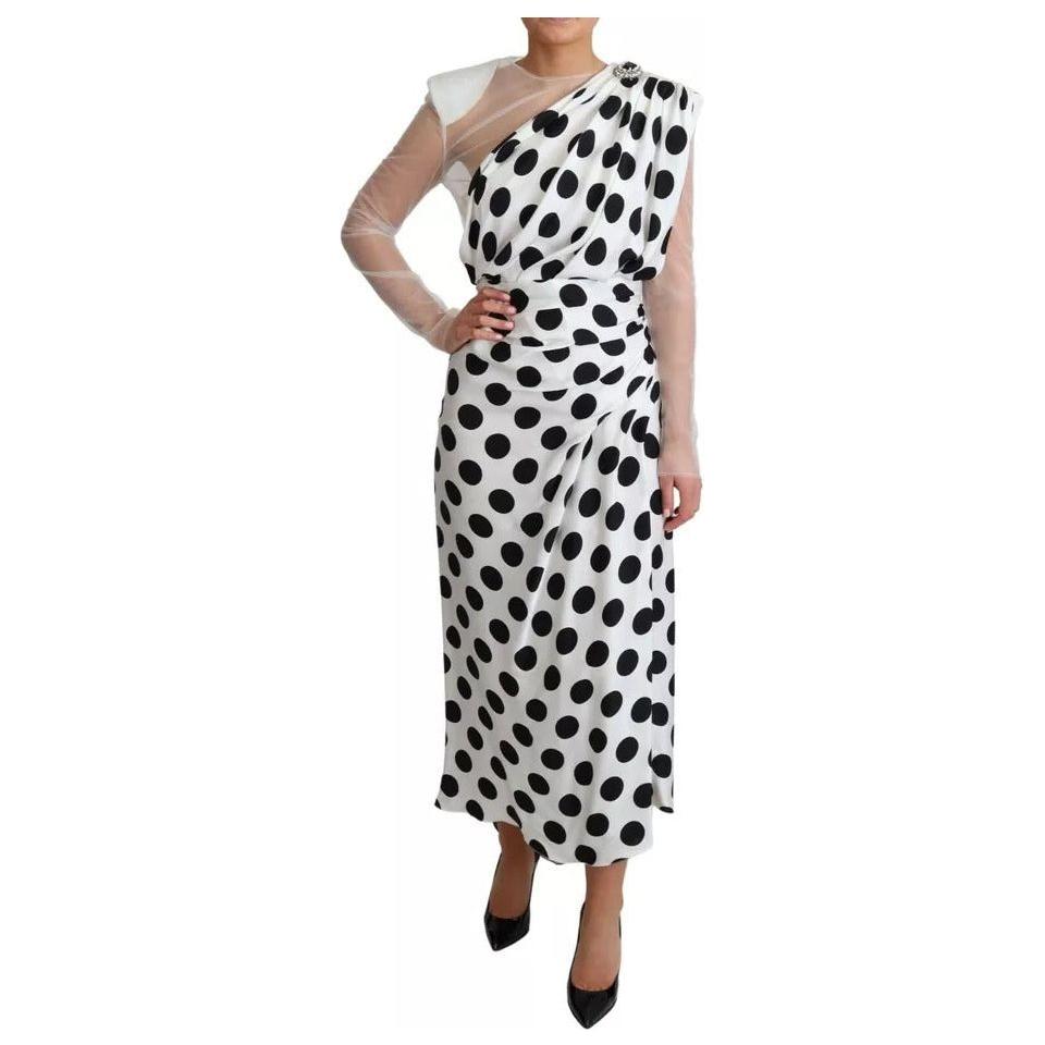 Dolce & Gabbana White Polka Dots Crystal One Shoulder Dress DR2798-40