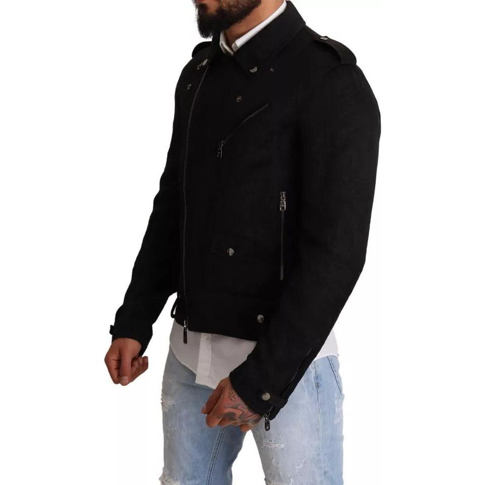 Dolce & Gabbana Black Brocade Full Zip Biker Coat Jacket JKT2906-48