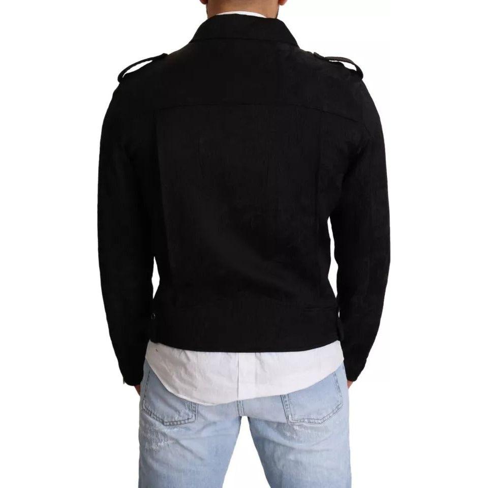 Dolce & Gabbana Black Brocade Full Zip Biker Coat Jacket JKT2906-48