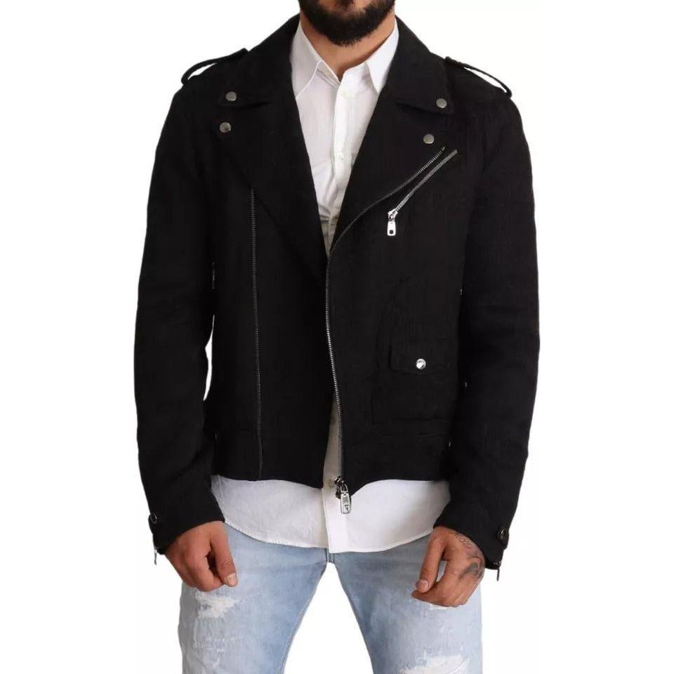 Dolce & Gabbana Black Brocade Full Zip Biker Coat Jacket JKT2906-48