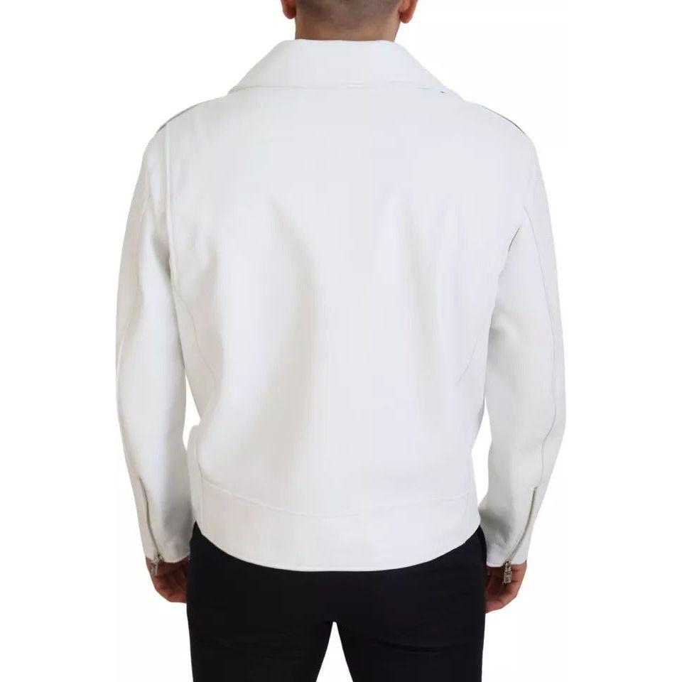 Dolce & Gabbana White Leather Biker Coat Zipper Jacket JKT3430-46