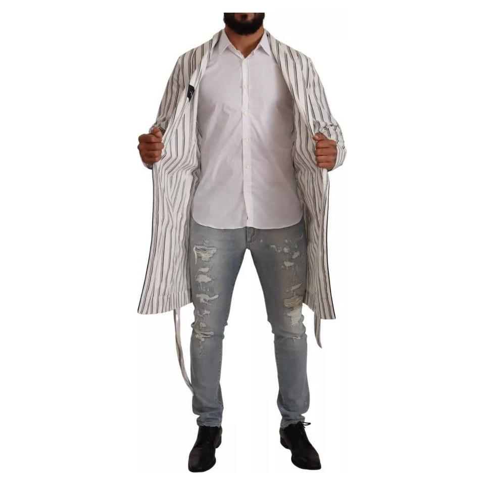 Dolce & Gabbana White Striped Cotton Robe Coat Wrap Jacket JKT3076-48