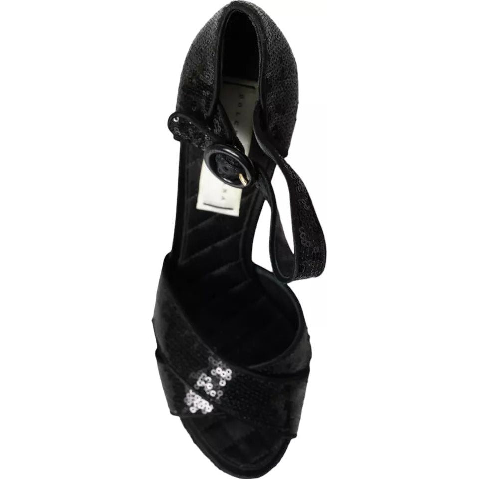 Dolce & Gabbana Black Sequin Ankle Strap Heels Sandals Shoes LA10916-38