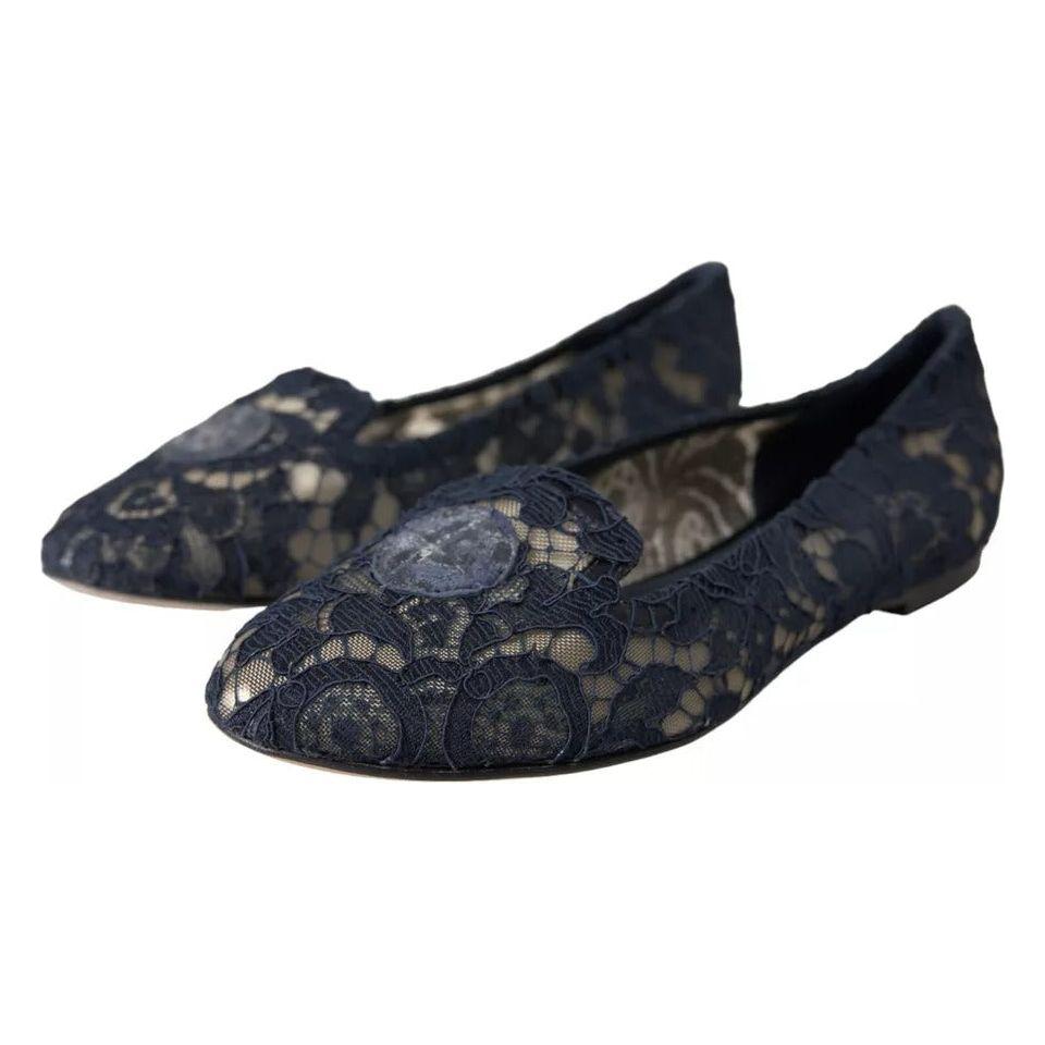 Dolce & Gabbana Dark Blue Taormina Lace Slip On Flats Shoes LA10892-35