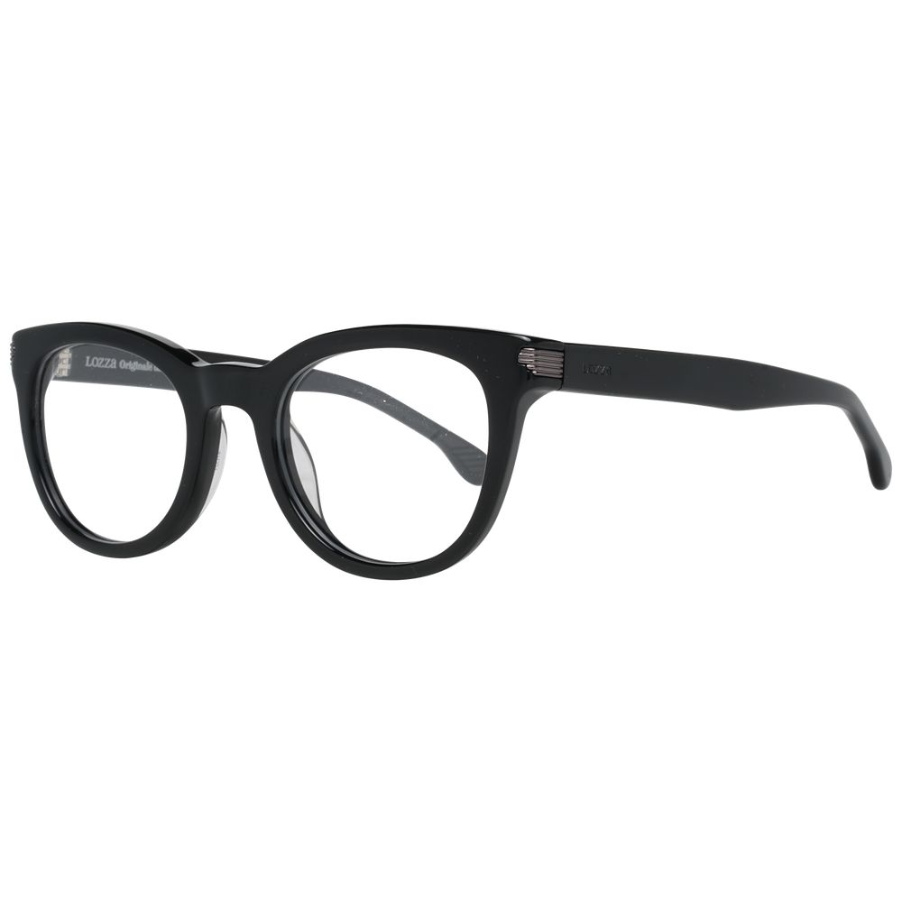 Lozza Black Women Glasses Frame, round full-rim black plastic eyewear for women, size 47-21-135, includes branded case.