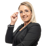 Woman wearing Maje Pink Women Glasses Frame, rose gold metal full-rim, size 52-15-135, includes branded case, stylish eyewear.