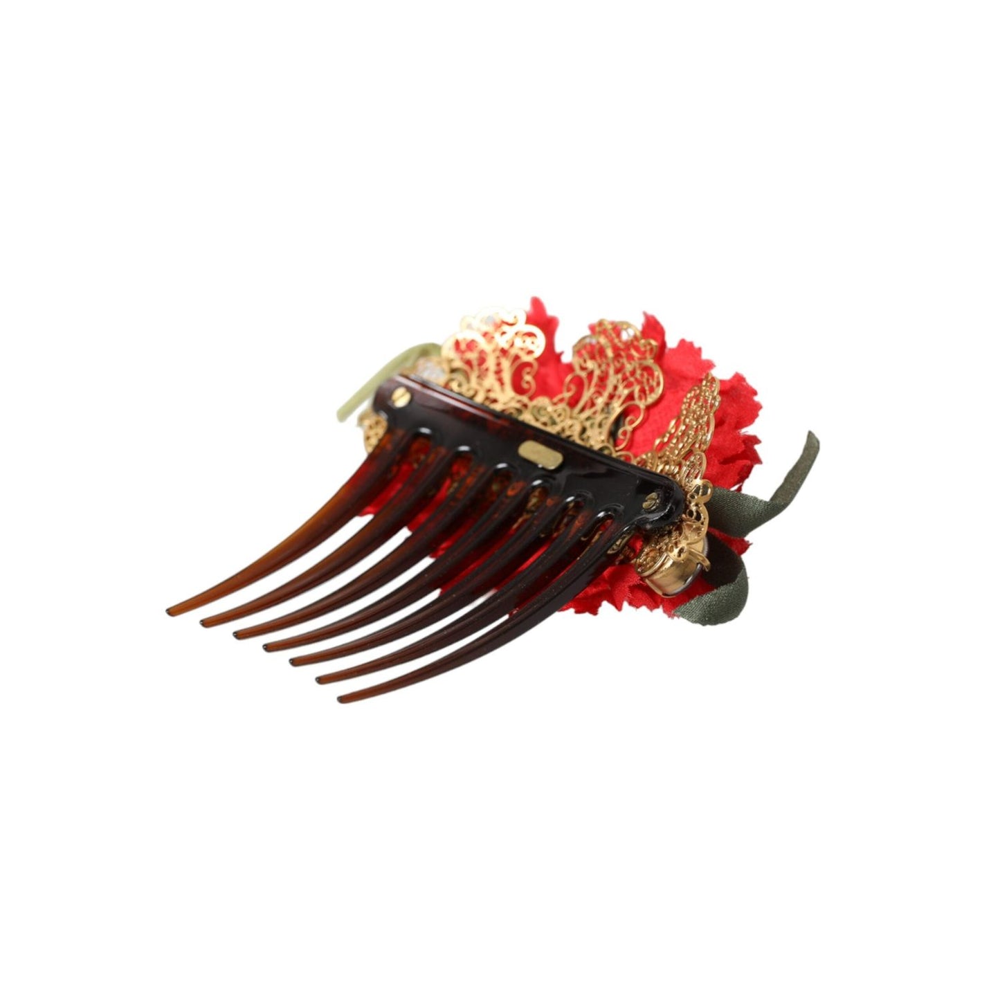 Dolce & Gabbana Red Silk Floral Gold Brass Women Hair Comb FASHION ACCESSORIES