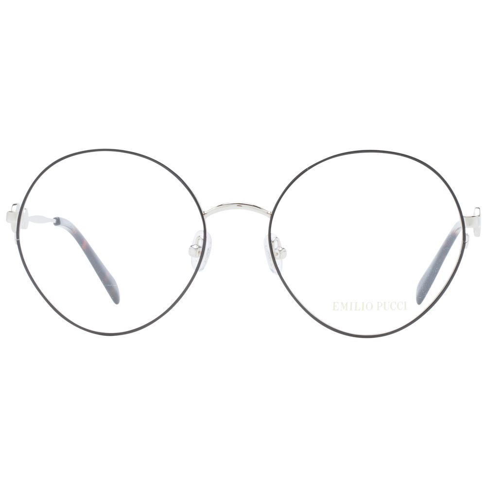 Emilio Pucci Black Women Glasses Frame in round metal design with full-rim black color and demo lenses. Includes branded case.