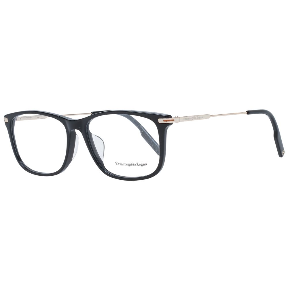 Ermenegildo Zegna Black Men Glasses Frame, full-rim black plastic design with 56-16-145 dimensions, includes branded case.