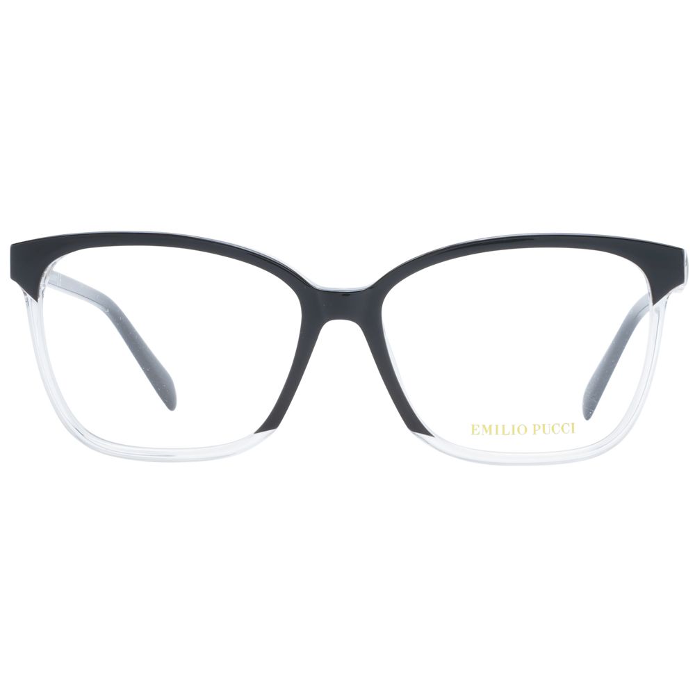 Emilio Pucci Black Women Glasses Frame with full-rim black plastic design, demo lenses, and branded case included.