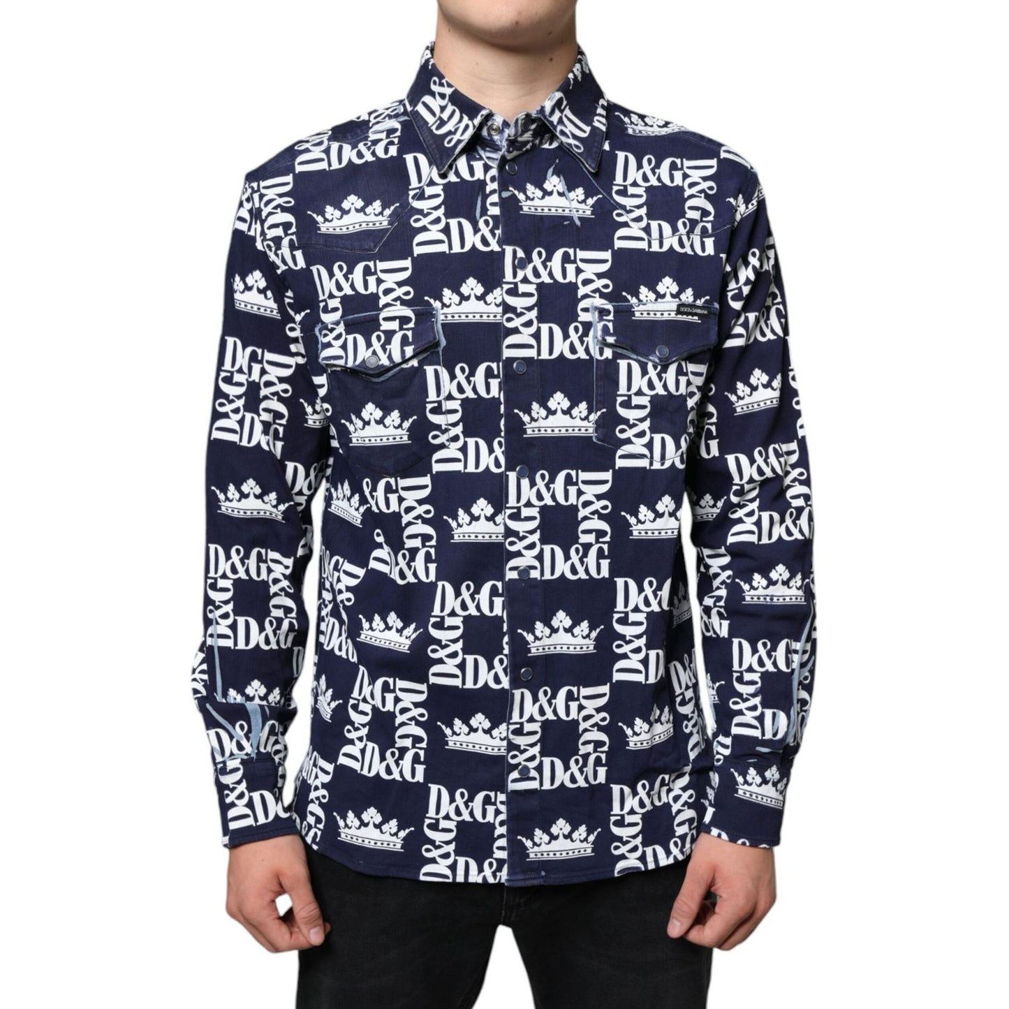 Dolce & Gabbana Blue Crown Logo Print Slim Fit Cotton Shirt TSH87099-38