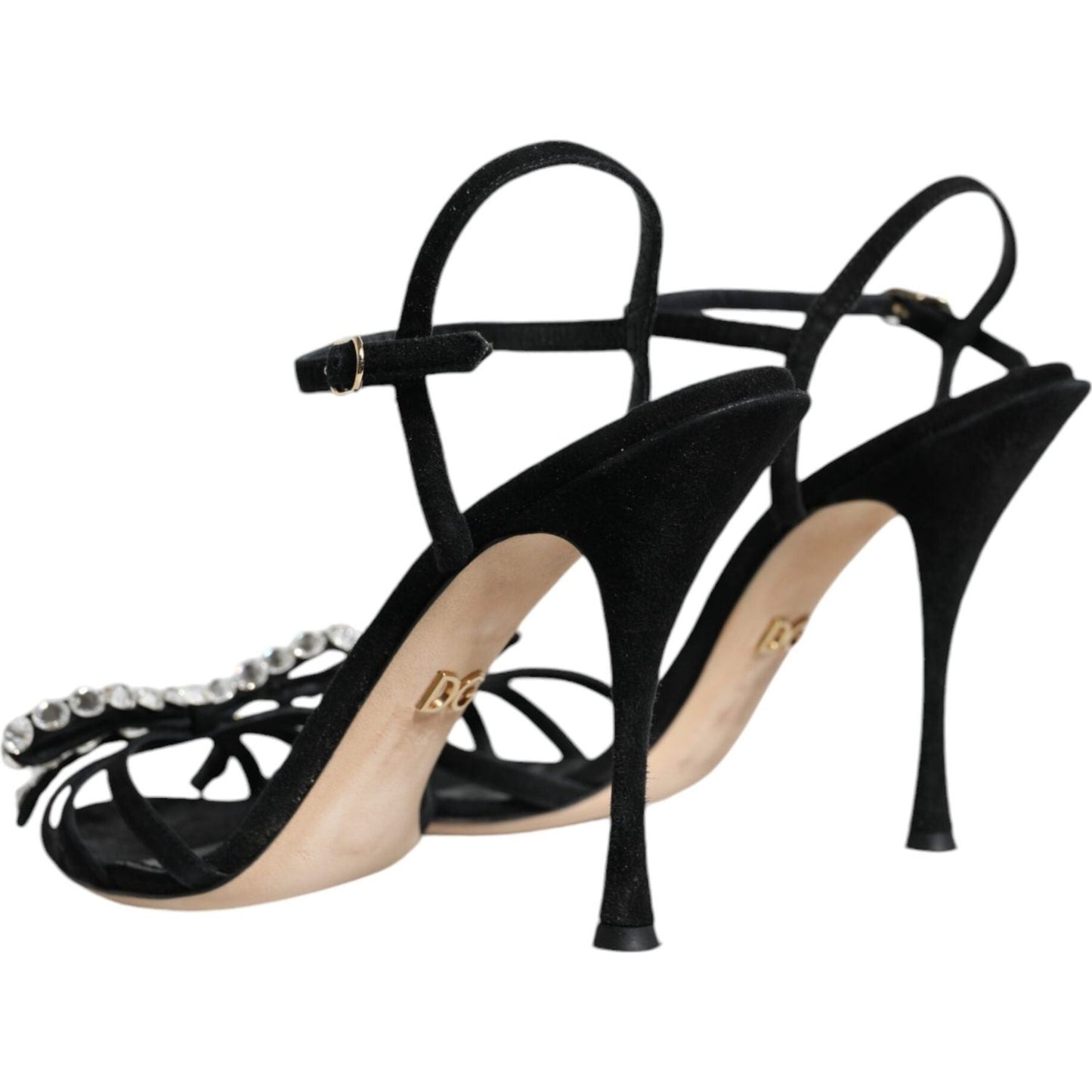 Dolce & Gabbana Black Leather Crystal Bow Heels Sandals Shoes LA11818-38.5