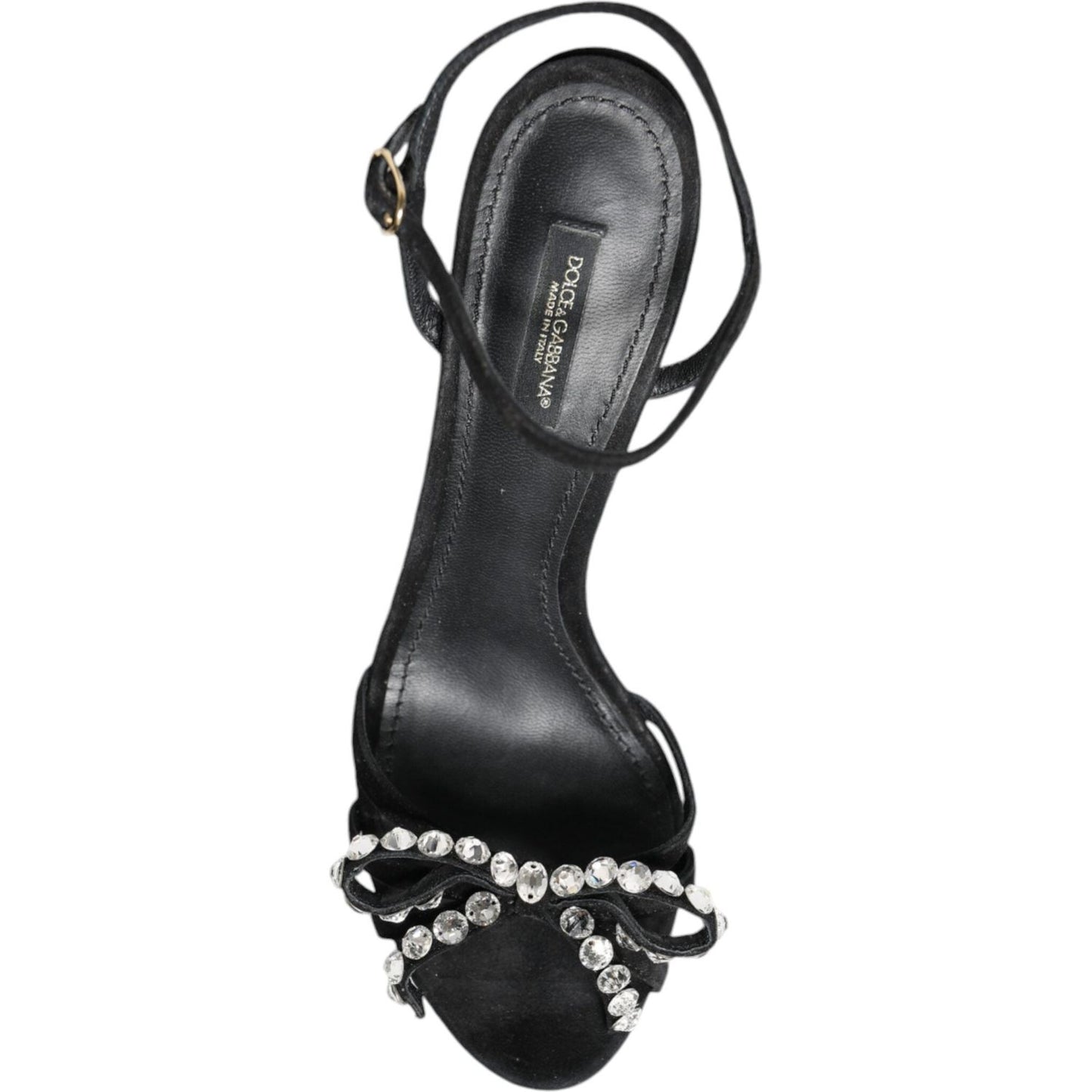 Dolce & Gabbana Black Leather Crystal Bow Heels Sandals Shoes LA11818-38.5